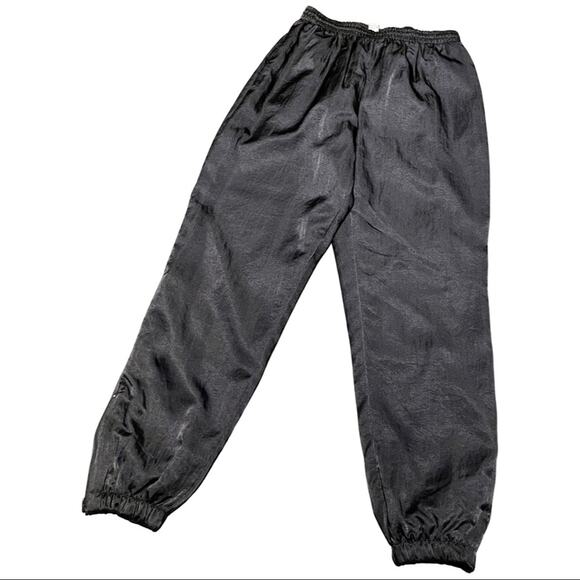 Vintage 90s Joggers Black Satin Windbreaker Track Drawstring Pant Athleisure L - Picture 1 of 9
